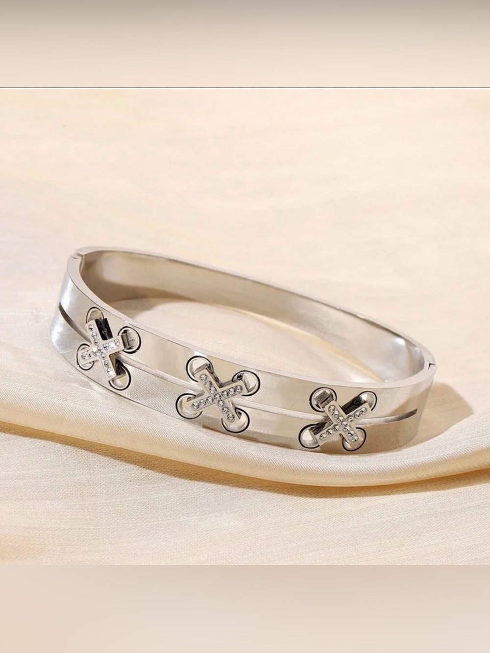 18K White Gold With Diamond Accent X Criss Cross Inspired Bangle Bracelet